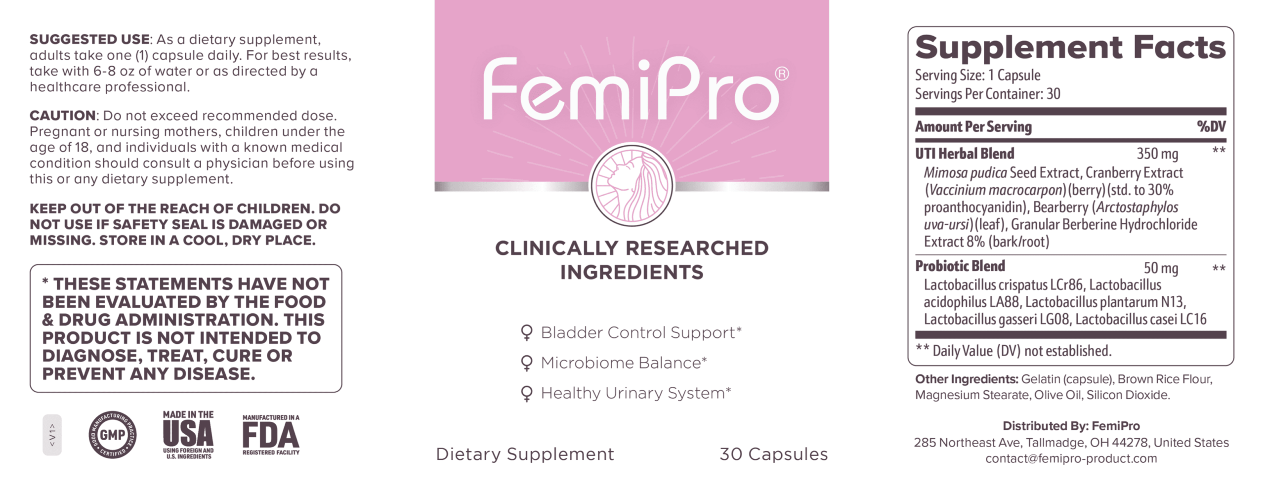 FemiPro supplement facts label